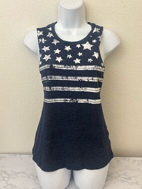 BCG Graphic Print Racerback Tank Top Patriotic USA Flag Women S Blue Pullover B2